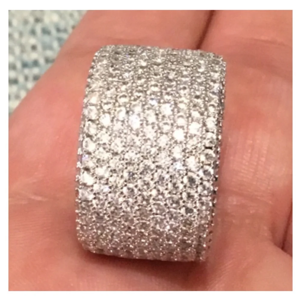 New! Shiny White Silver Mini Crystals Chunky Band Ring